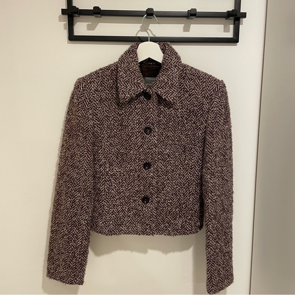 Womens Wool-Blend Cropped Herringbone Jacket - Burgundy/Cream